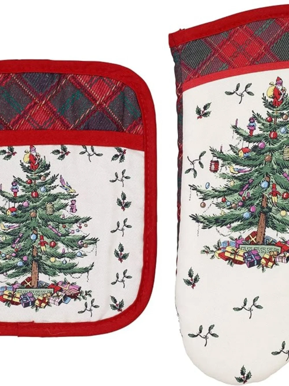 New Spode Christmas Tree Tartan Plaid Oven Mitt & Pot Holder Set